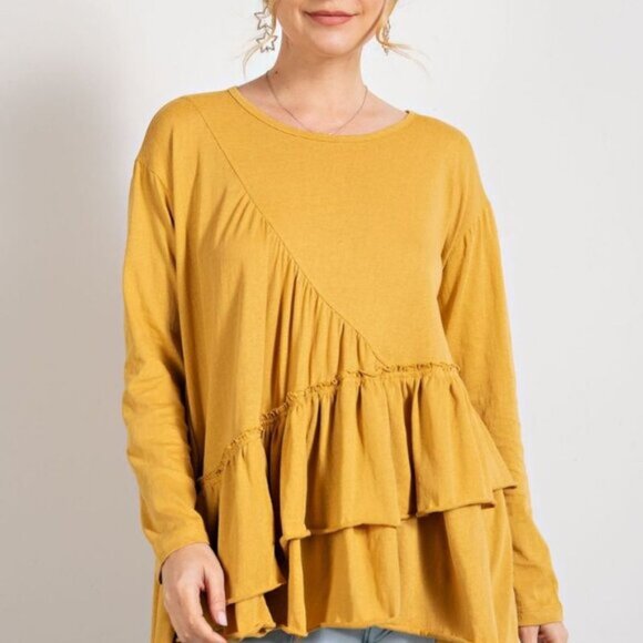 #14 - NISSA TIERED RUFFLED LONG SLEEVE MUSTARD TOP - Picture 3 of 5